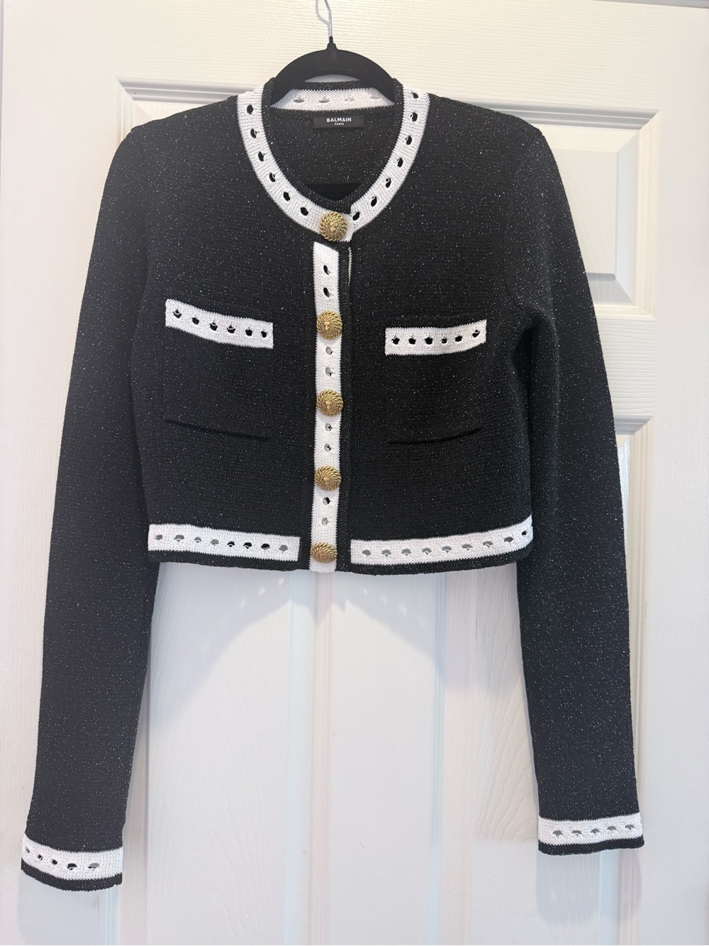 Balmain Black Cropped Knit Jacket with White Trim & Gold Buttons